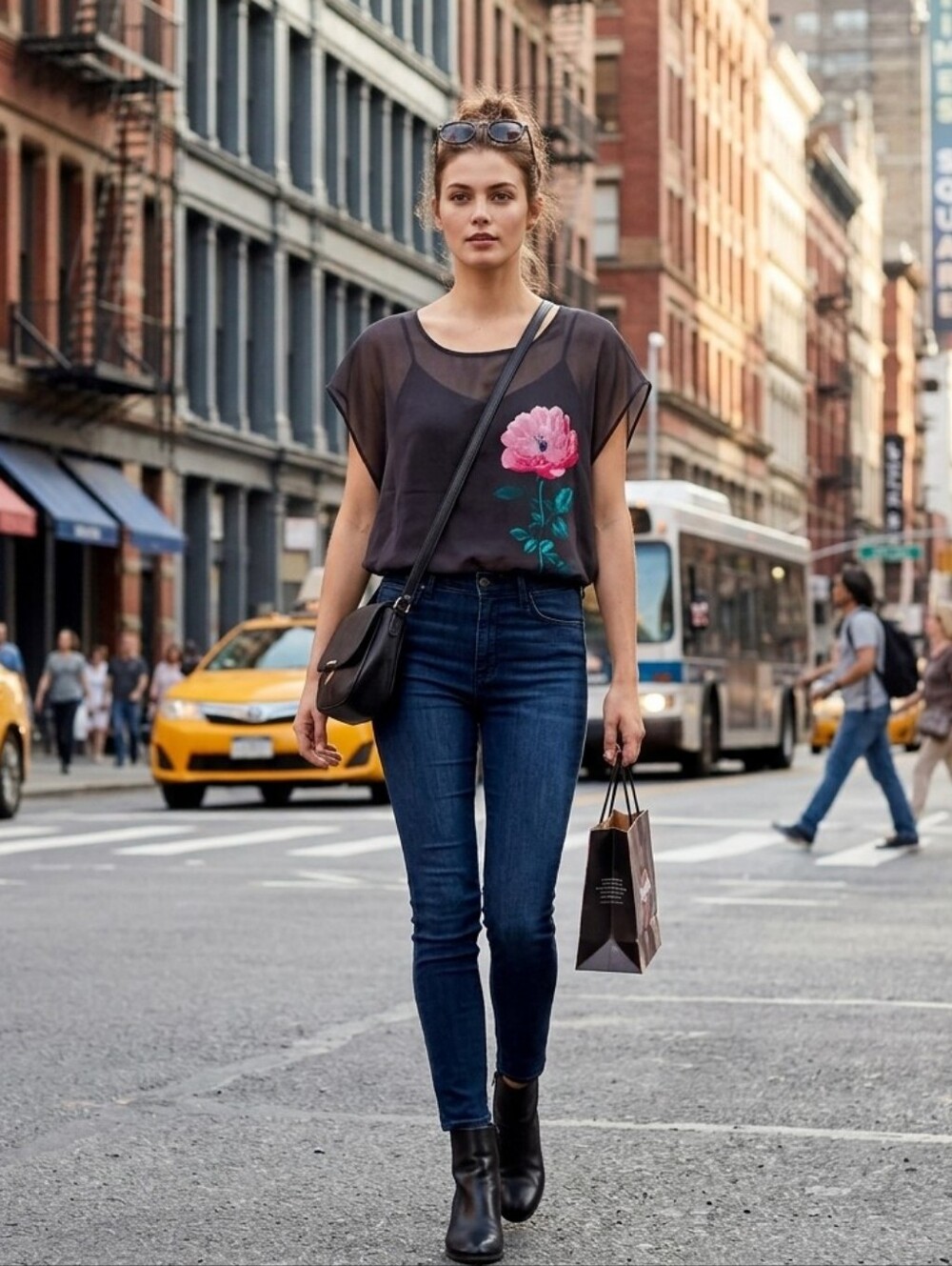 Calvin Klein Black Sheer Blouse with Pink Floral Print